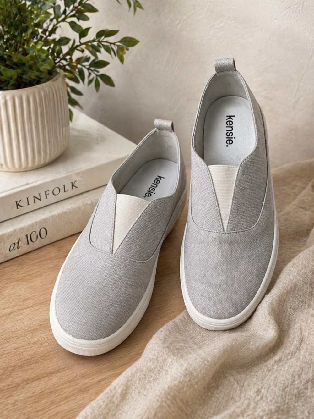 Kensie Slip-On Mules in Light Gray and White
